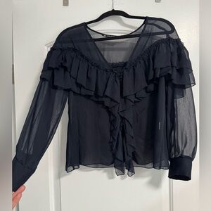 Zara Navy Blue Sheer Ruffled Blouse with Cuffed Sleeves
